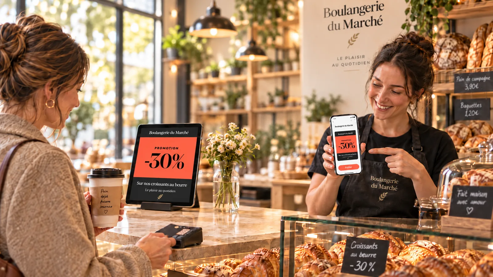 Baker publishing a promotion from her smartphone to her digital signage display, a tablet placed at the counter