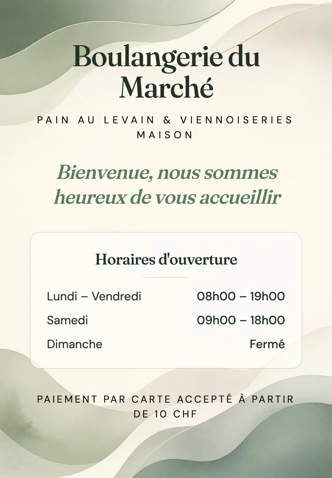 Welcome screen — Tablet next to the till showing a shop welcome screen: name, welcome message, opening hours and payment notice