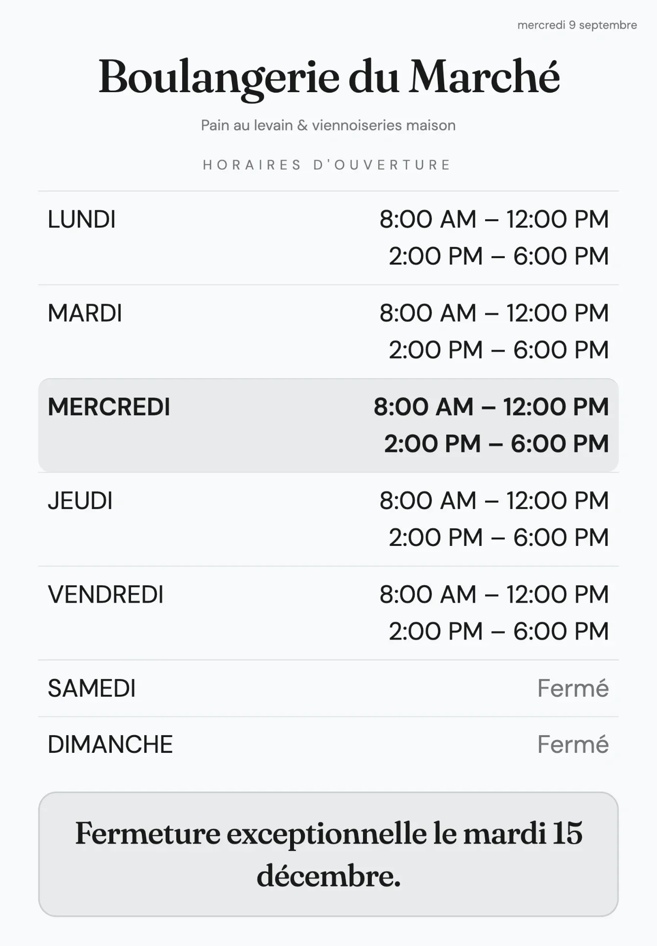 Opening hours — Tablet next to the till showing a shop welcome screen: name, welcome message, opening hours and payment notice