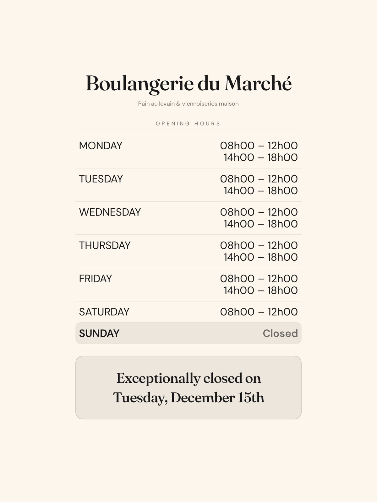 Bakery storefront screen showing day-by-day opening hours on a tablet